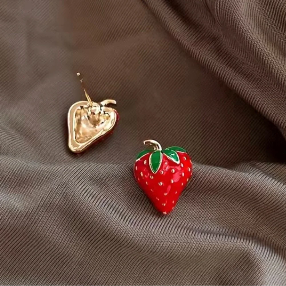 Strawberry Stud Earrings Silver Post 18K Gold Plated Enameled